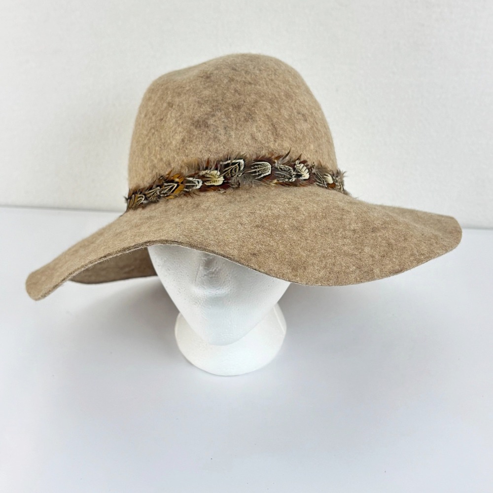 Boho Wide Brim Floppy Sun Hat Wool Feather Trim Winter Western Neutral Women OS